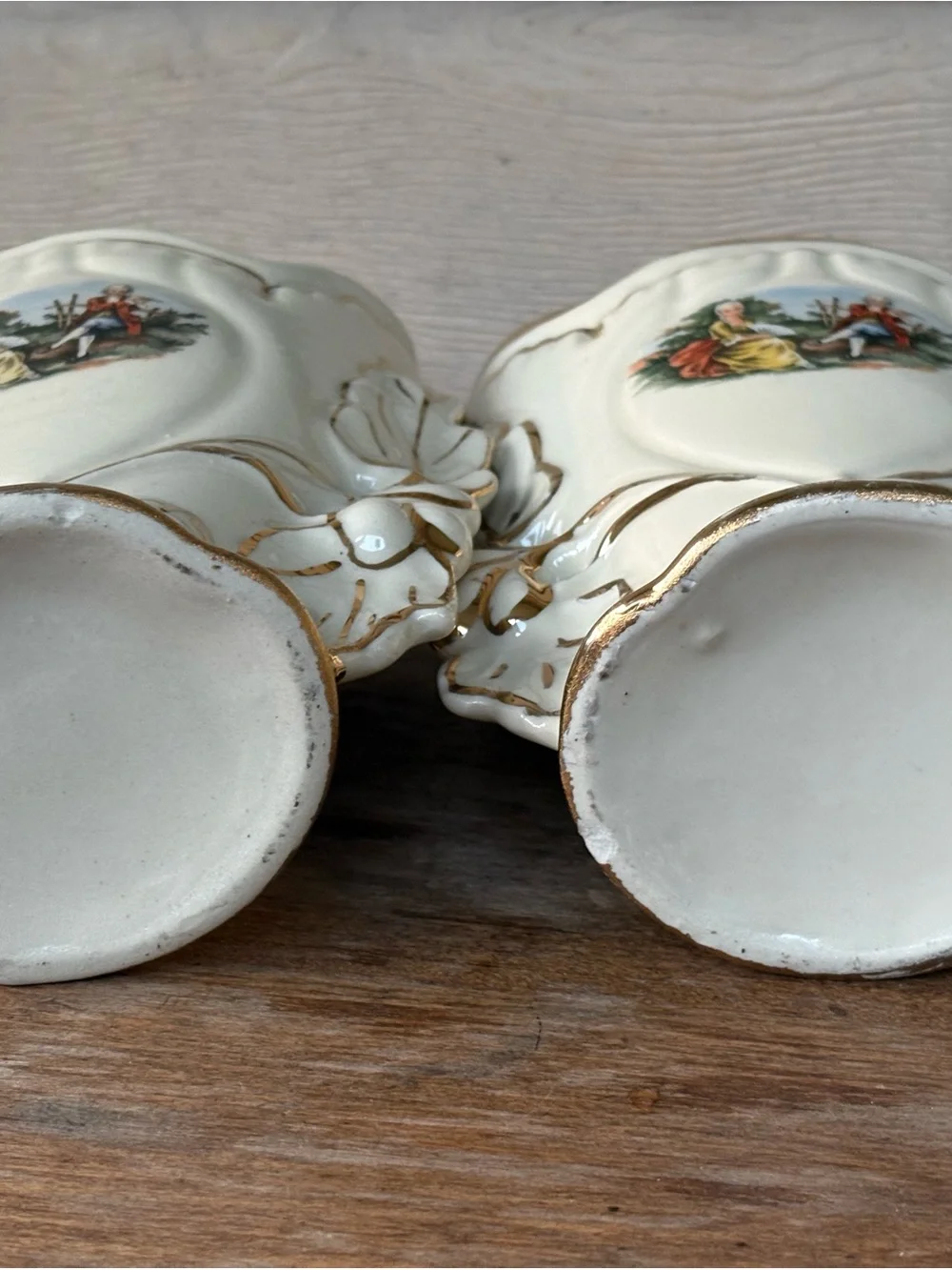 2 VTG Fleetwood China porcelain vases with a Victorian transfer scene, 22k gold